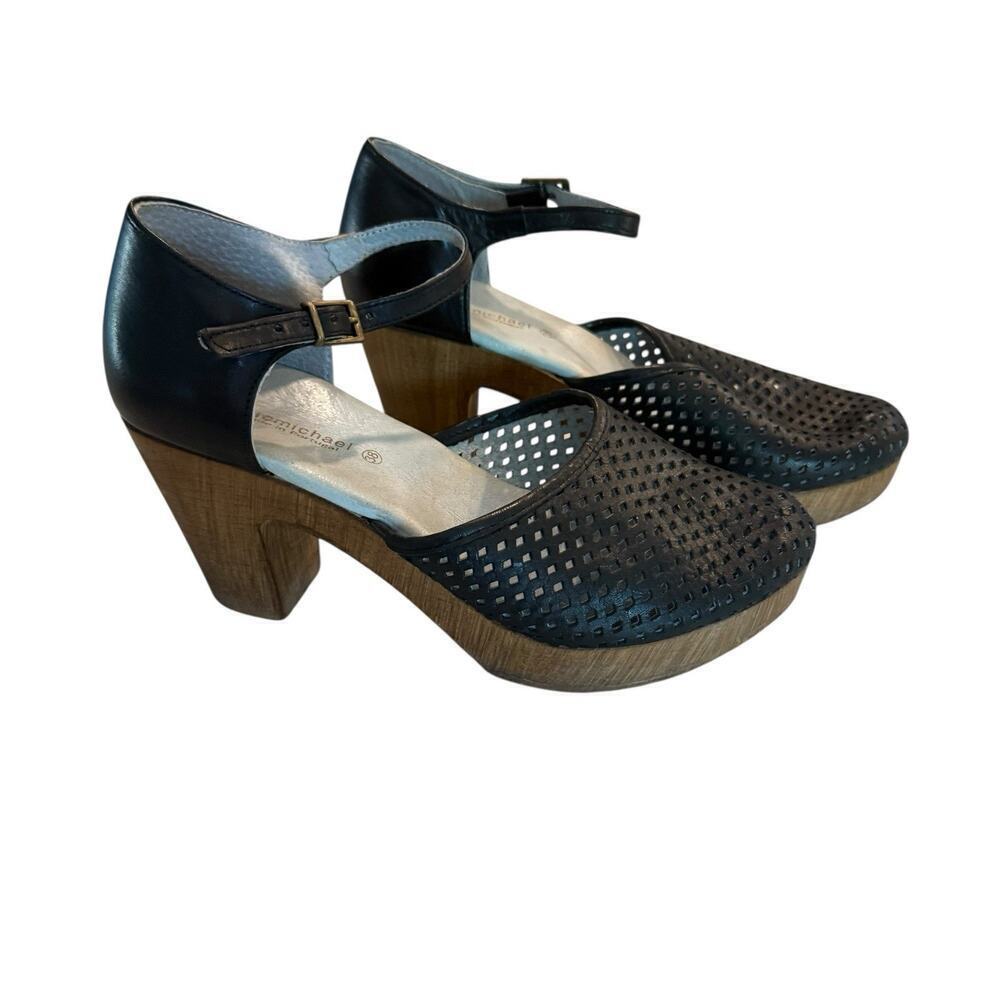 Eric Michael Black Leather Wood Heel Mary Jane Clogs Women’s EU38 US7.5 Portugal